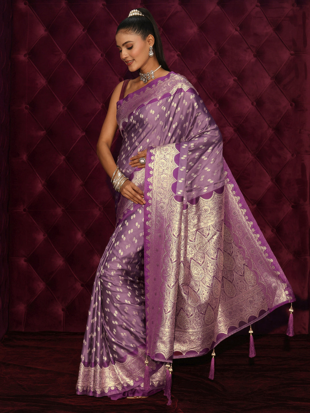  Libas Lavender Ethnic Woven Design Satin Tassel Saree 