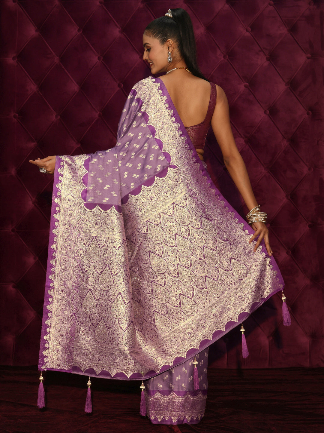  Libas Lavender Ethnic Woven Design Satin Tassel Saree 