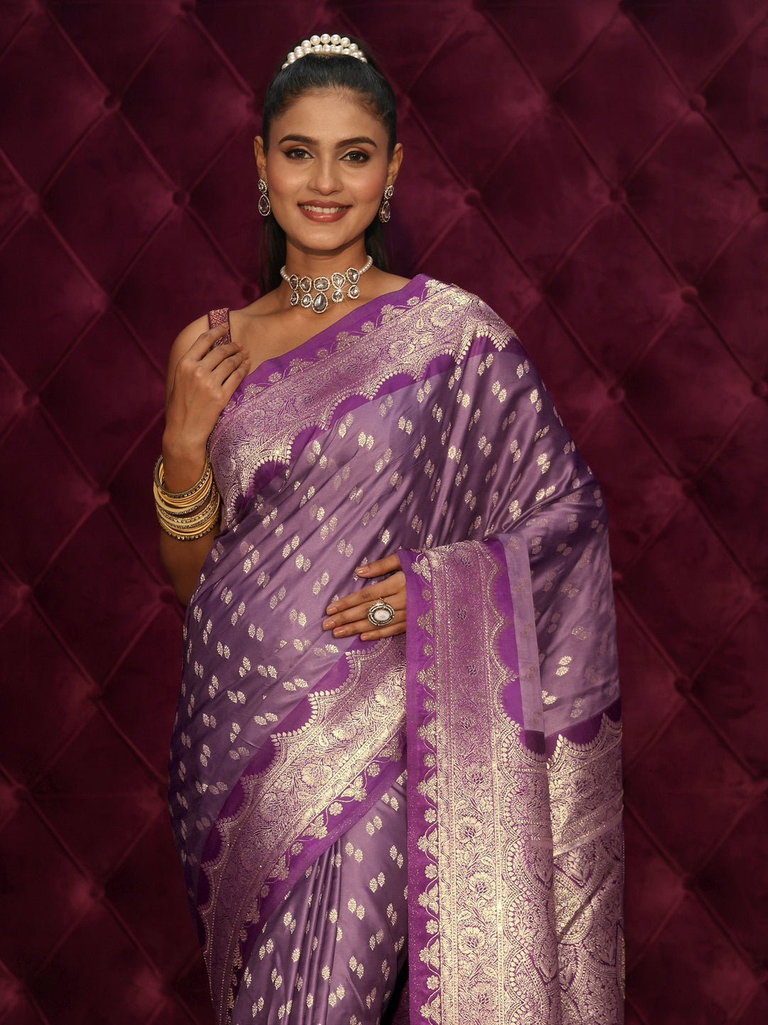  Libas Lavender Ethnic Woven Design Satin Tassel Saree 