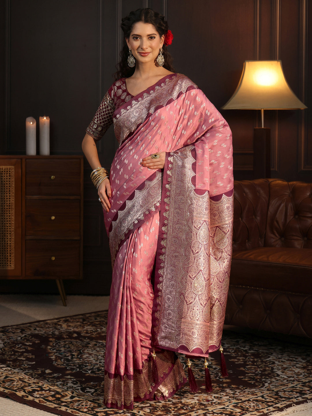  Libas Peach and Maroon Ethnic Woven Design Satin Tassel Saree 