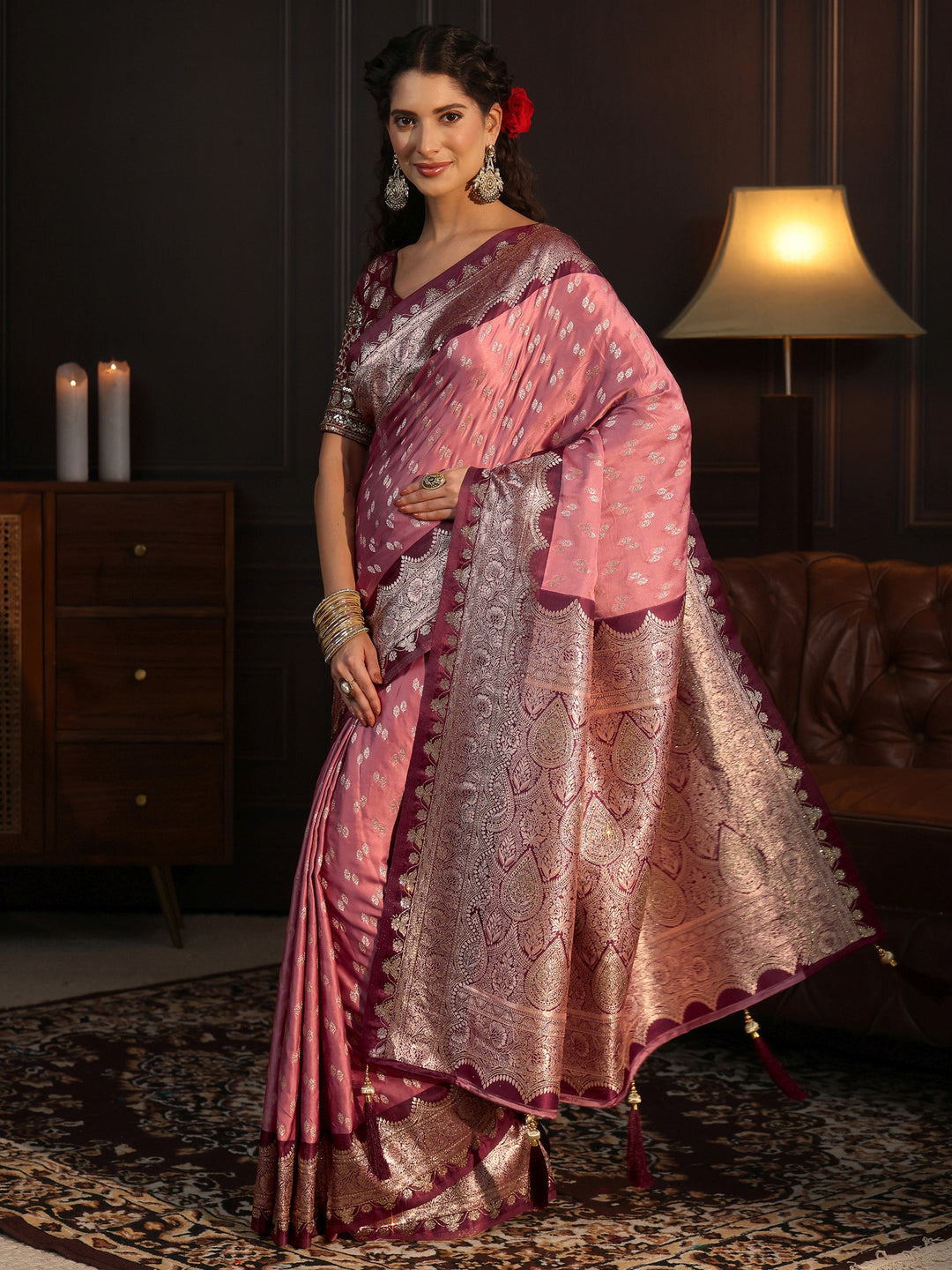  Libas Peach and Maroon Ethnic Woven Design Satin Tassel Saree 