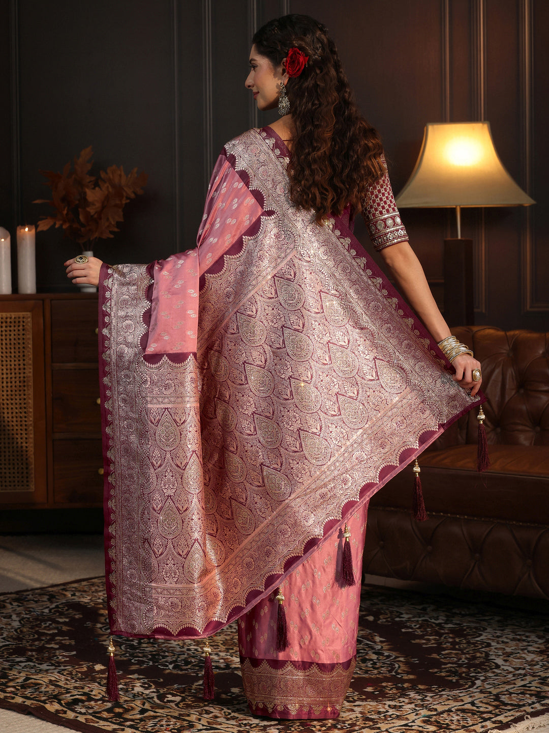  Libas Peach and Maroon Ethnic Woven Design Satin Tassel Saree 