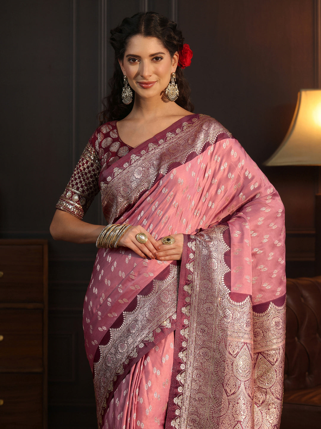  Libas Peach and Maroon Ethnic Woven Design Satin Tassel Saree 