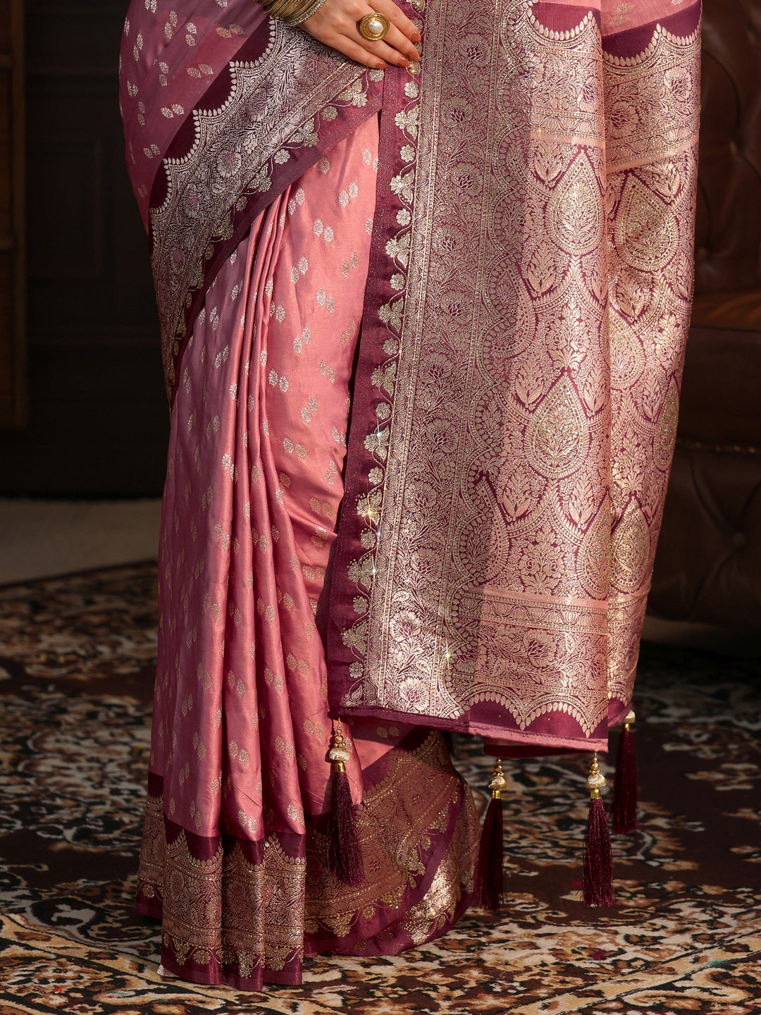  Libas Peach and Maroon Ethnic Woven Design Satin Tassel Saree 
