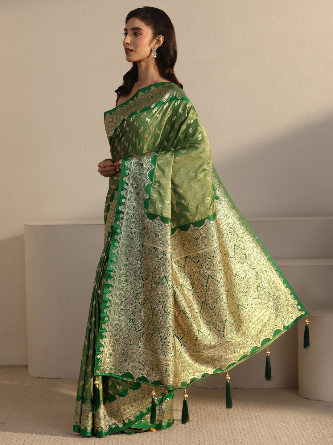  Libas Green Ethnic Woven Design Satin Saree 