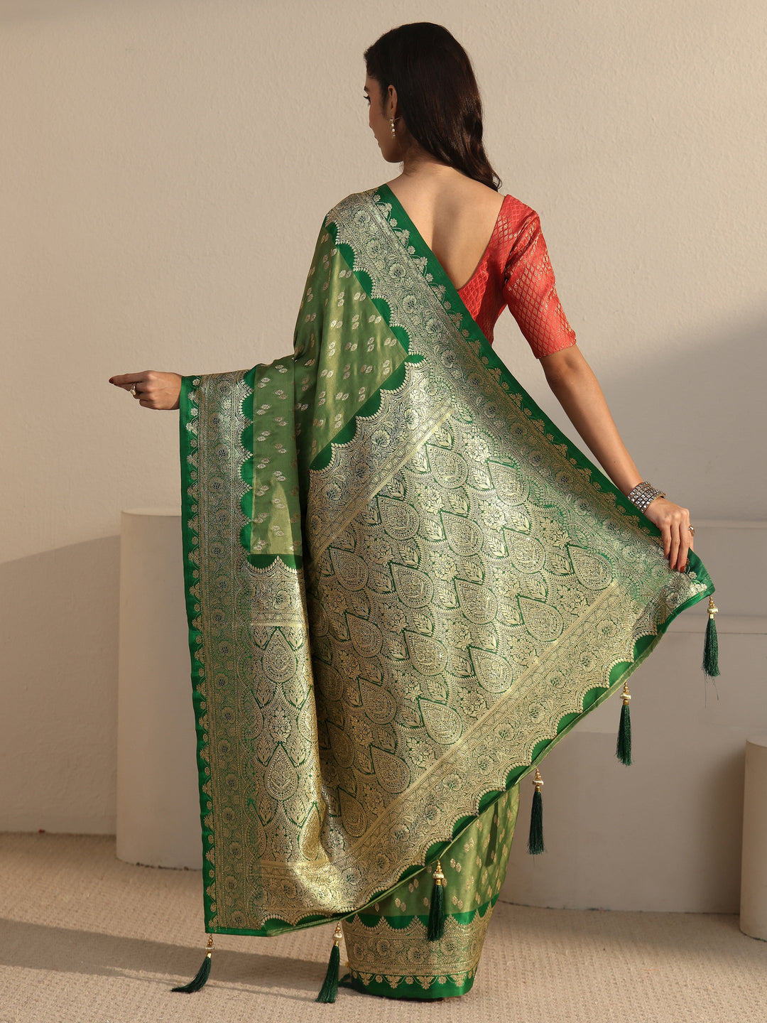  Libas Green Ethnic Woven Design Satin Saree 