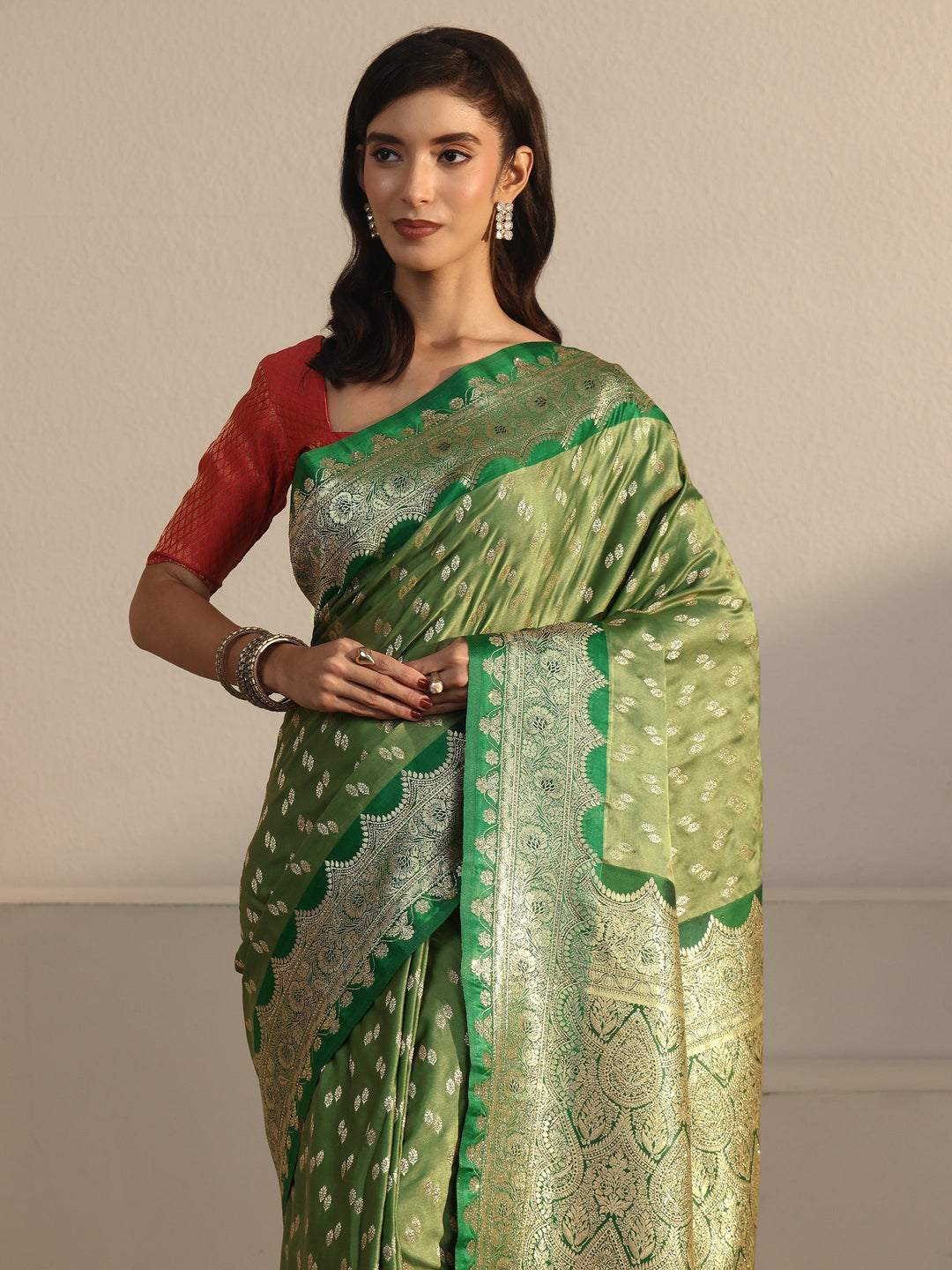  Libas Green Ethnic Woven Design Satin Saree 