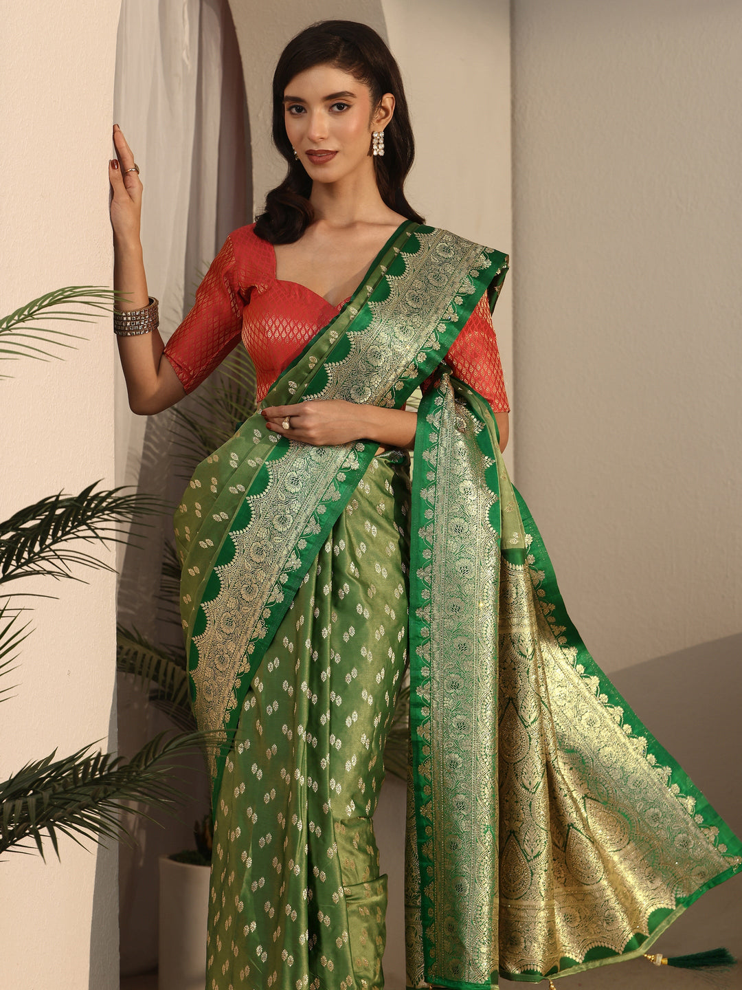 Libas Green Ethnic Woven Design Satin Saree 