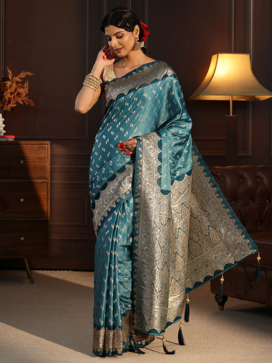  Libas Dusty Blue Ethnic Woven Design Satin Tassel Saree 