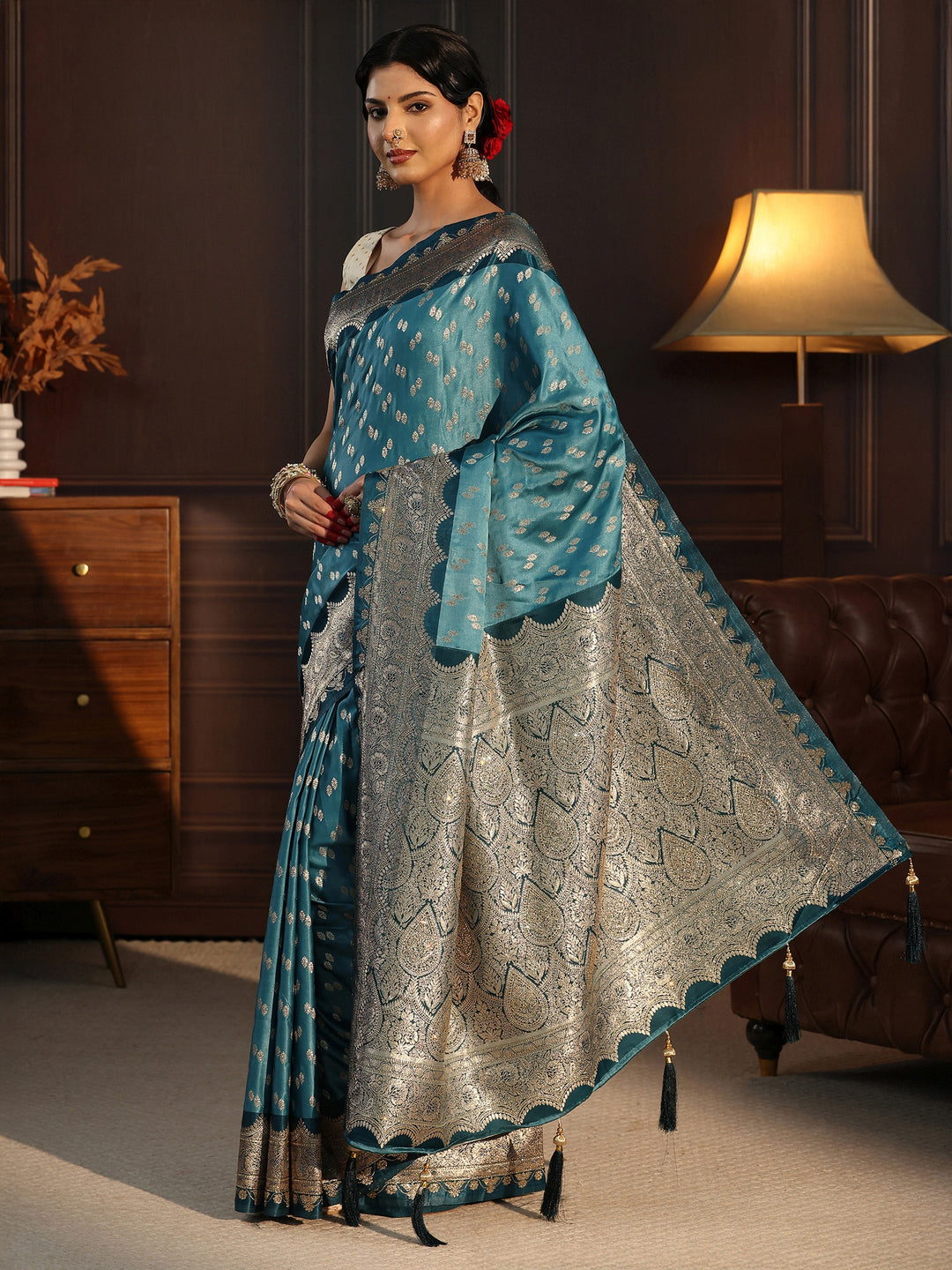  Libas Dusty Blue Ethnic Woven Design Satin Tassel Saree 
