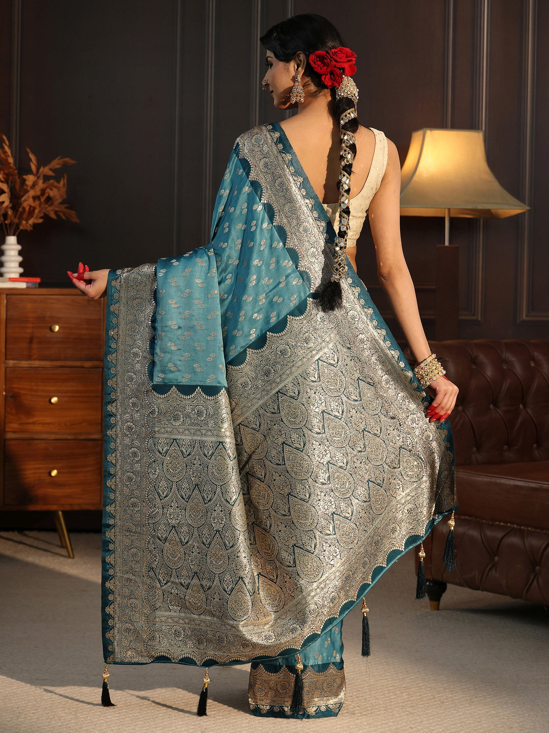  Libas Dusty Blue Ethnic Woven Design Satin Tassel Saree 