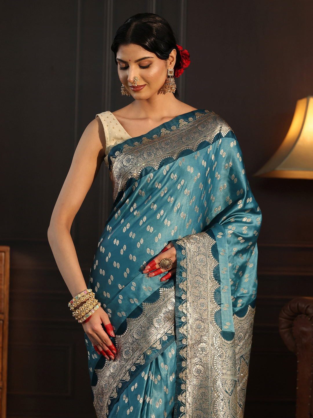  Libas Dusty Blue Ethnic Woven Design Satin Tassel Saree 