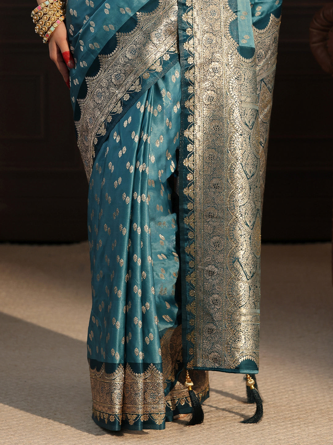  Libas Dusty Blue Ethnic Woven Design Satin Tassel Saree 