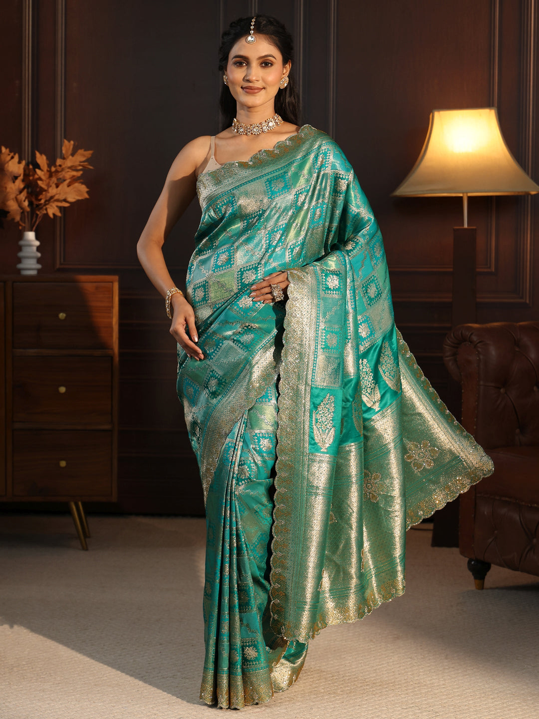  Libas Sea Green Woven Design Satin Saree with Scalloped Border 