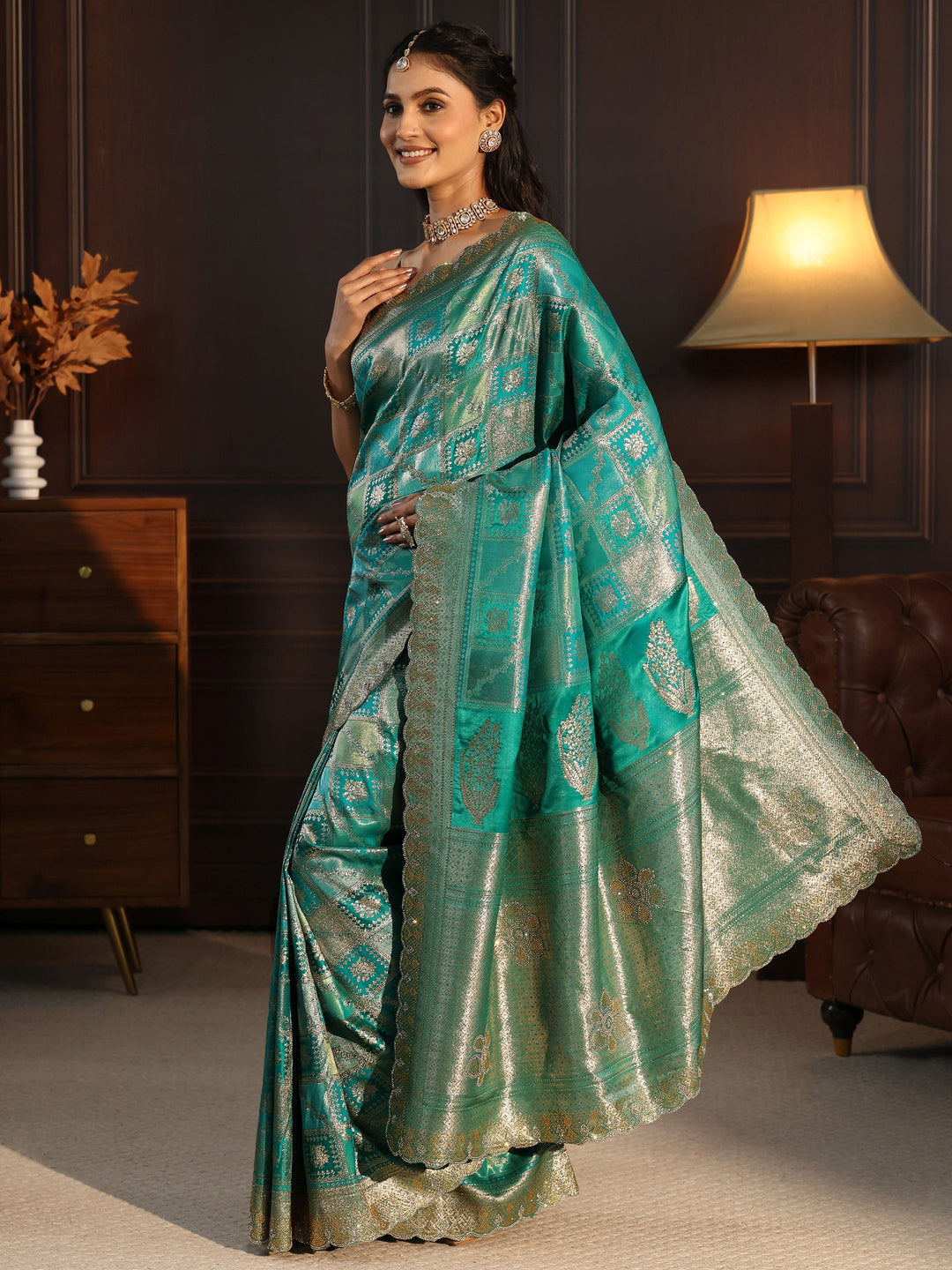  Libas Sea Green Woven Design Satin Saree with Scalloped Border 