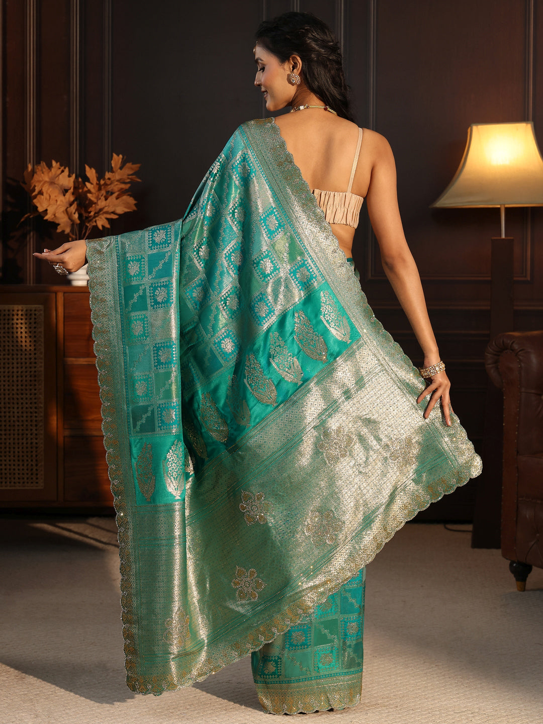  Libas Sea Green Woven Design Satin Saree with Scalloped Border 