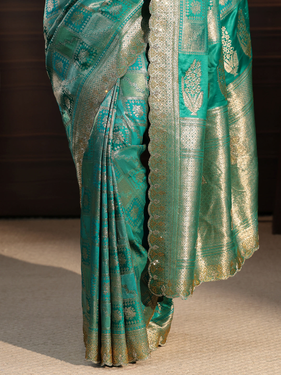  Libas Sea Green Woven Design Satin Saree with Scalloped Border 