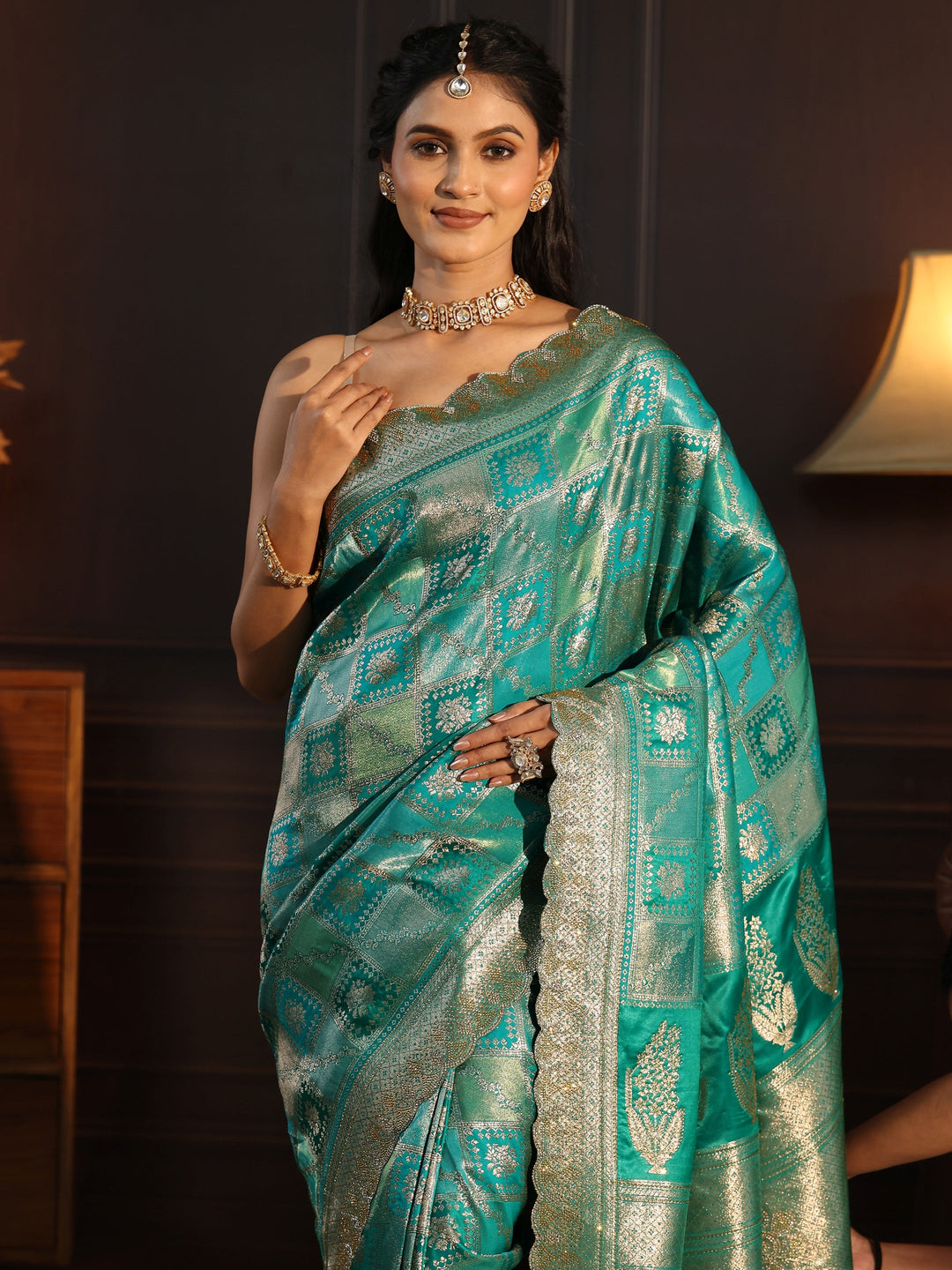  Libas Sea Green Woven Design Satin Saree with Scalloped Border 