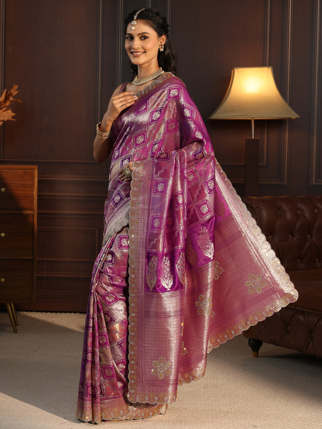  Libas Purple Woven Design Satin Saree with Scalloped Border 