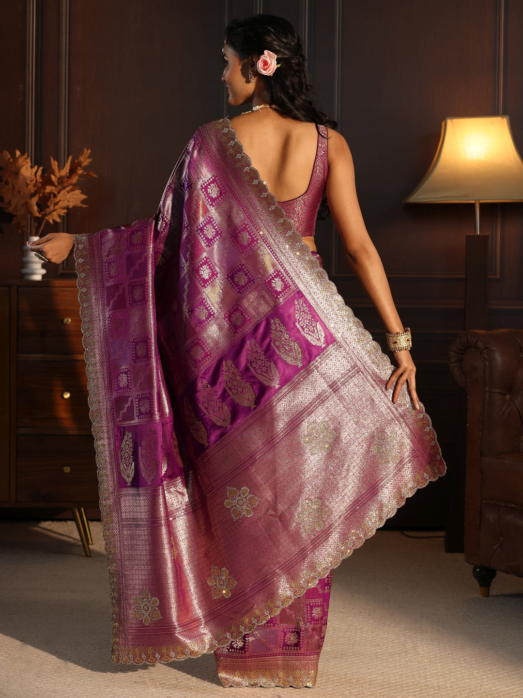  Libas Purple Woven Design Satin Saree with Scalloped Border 