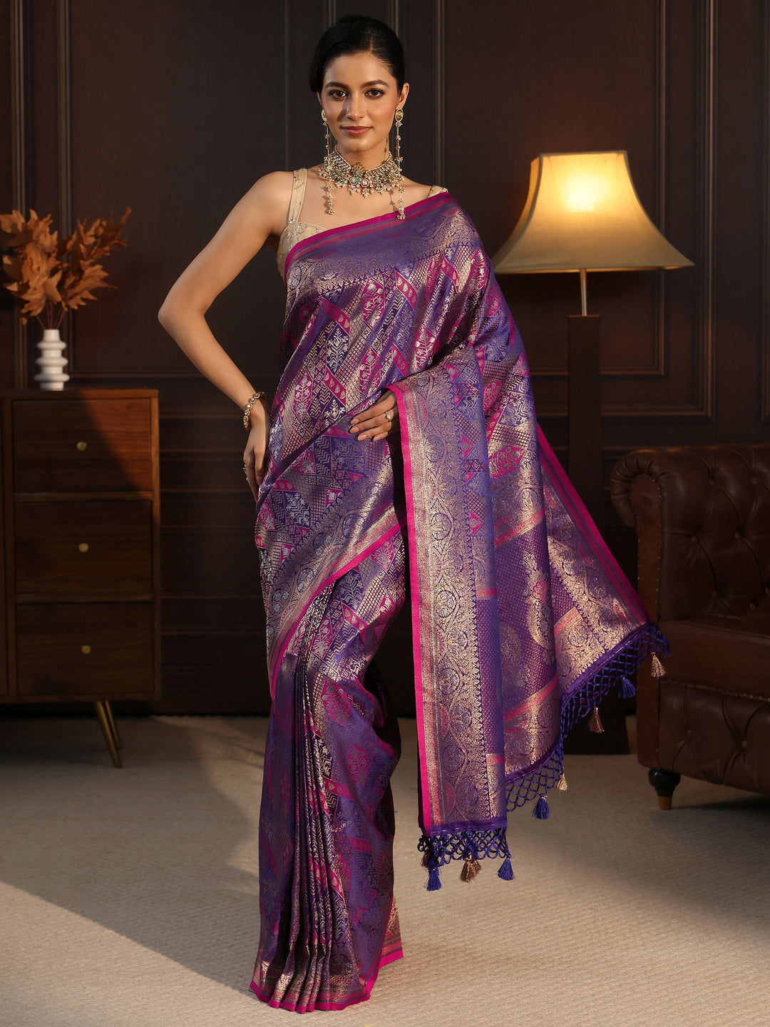  Libas Art Purple Ethnic Woven Design Silk Blend Tassel Saree 