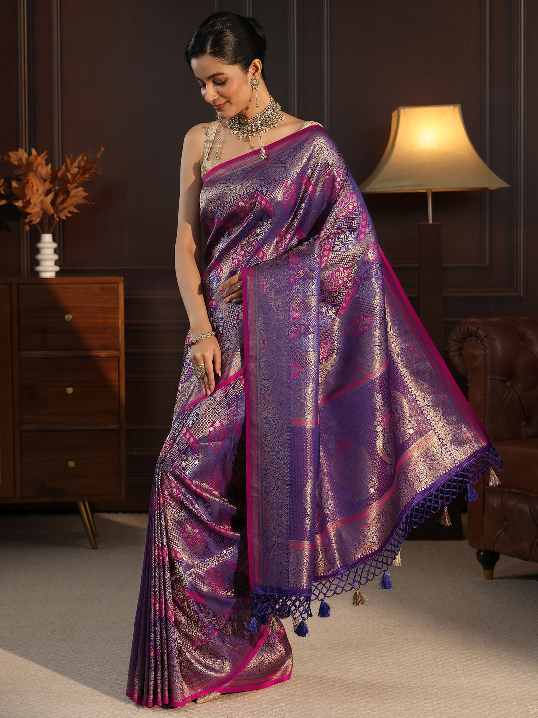  Libas Art Purple Ethnic Woven Design Silk Blend Tassel Saree 