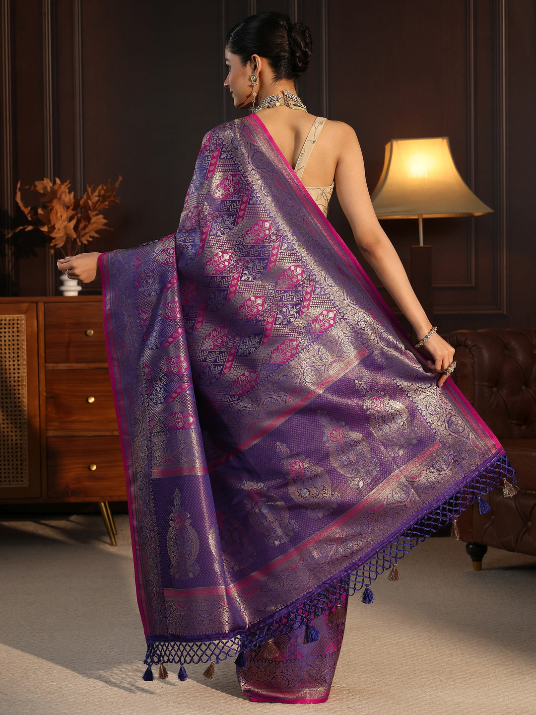  Libas Art Purple Ethnic Woven Design Silk Blend Tassel Saree 