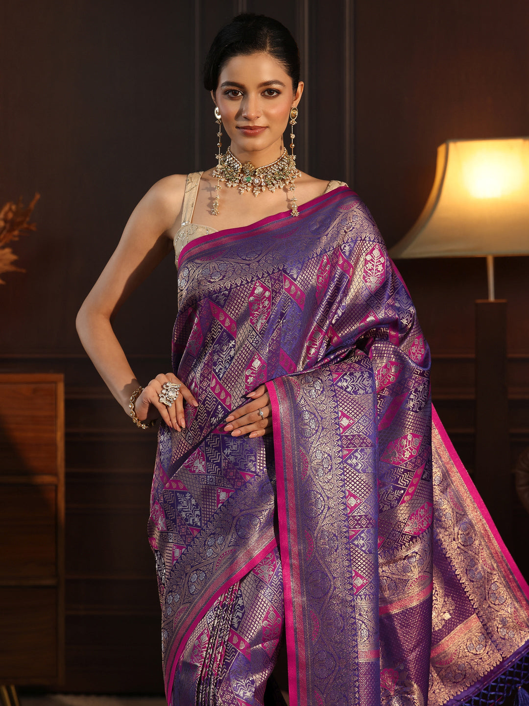  Libas Art Purple Ethnic Woven Design Silk Blend Tassel Saree 