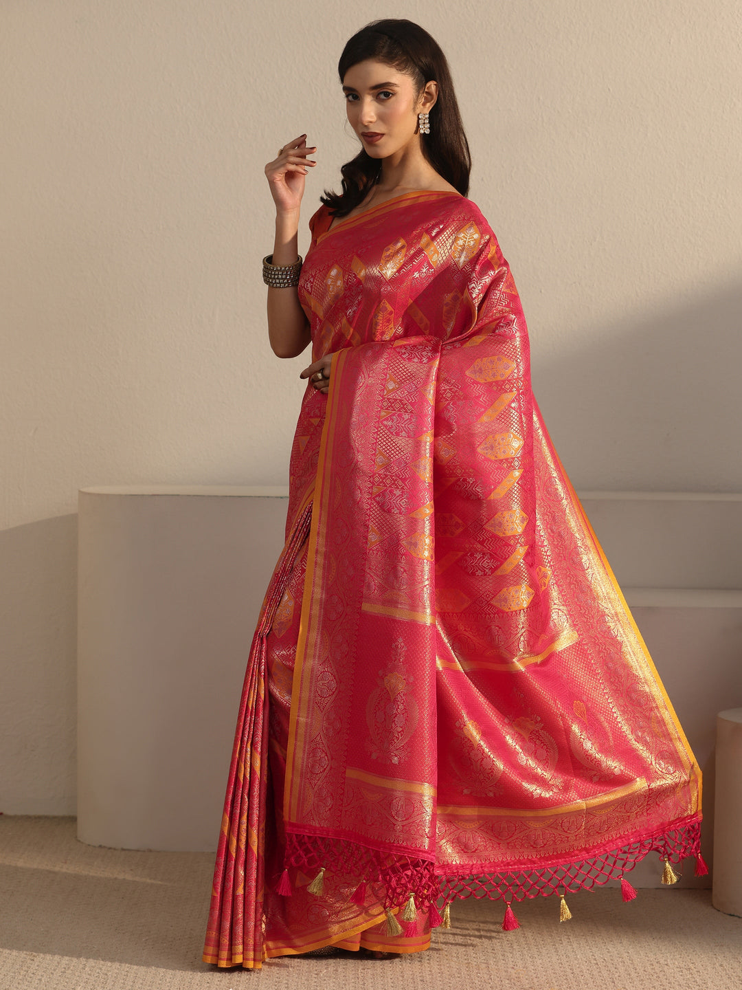  Libas Art Red Ethnic Woven Design Silk Blend Tassel Saree 