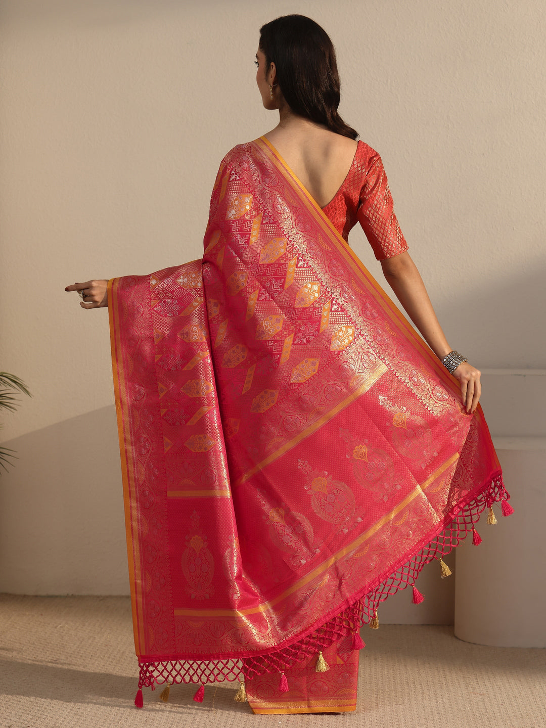  Libas Art Red Ethnic Woven Design Silk Blend Tassel Saree 