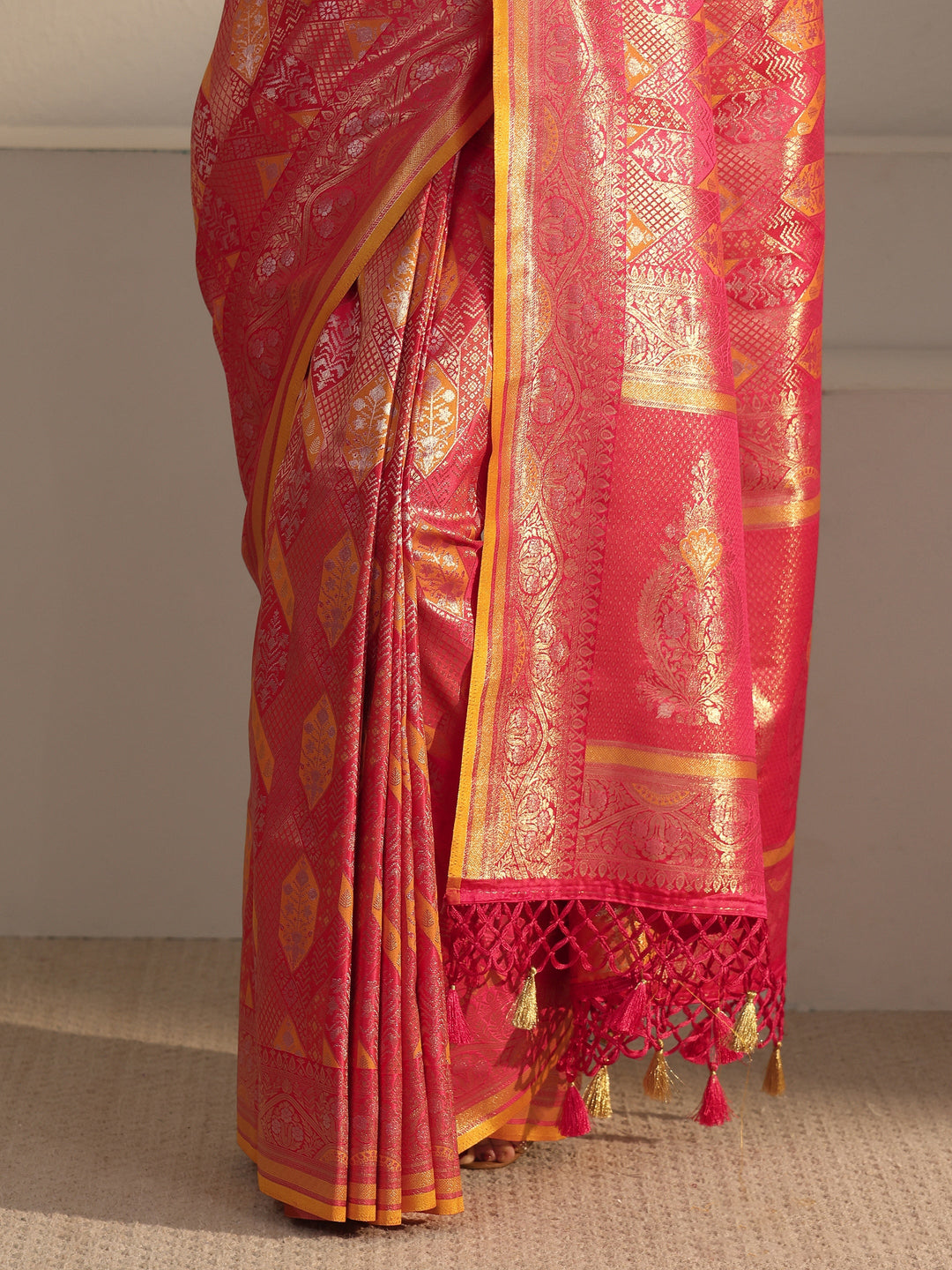  Libas Art Red Ethnic Woven Design Silk Blend Tassel Saree 
