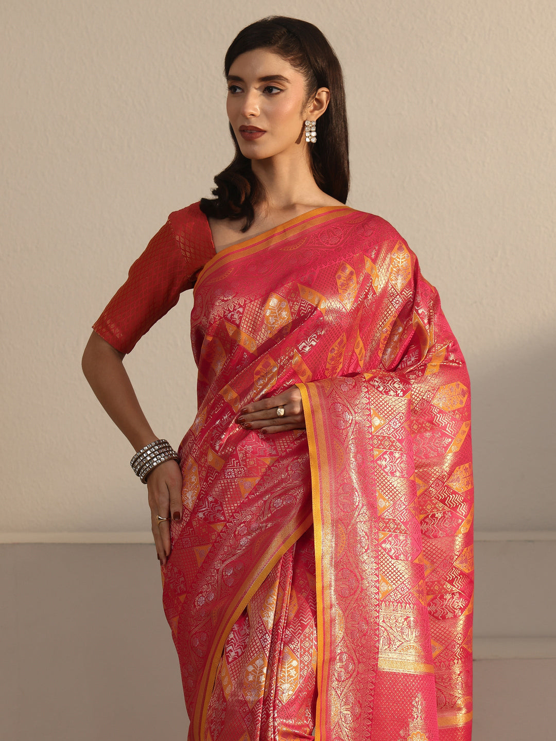  Libas Art Red Ethnic Woven Design Silk Blend Tassel Saree 