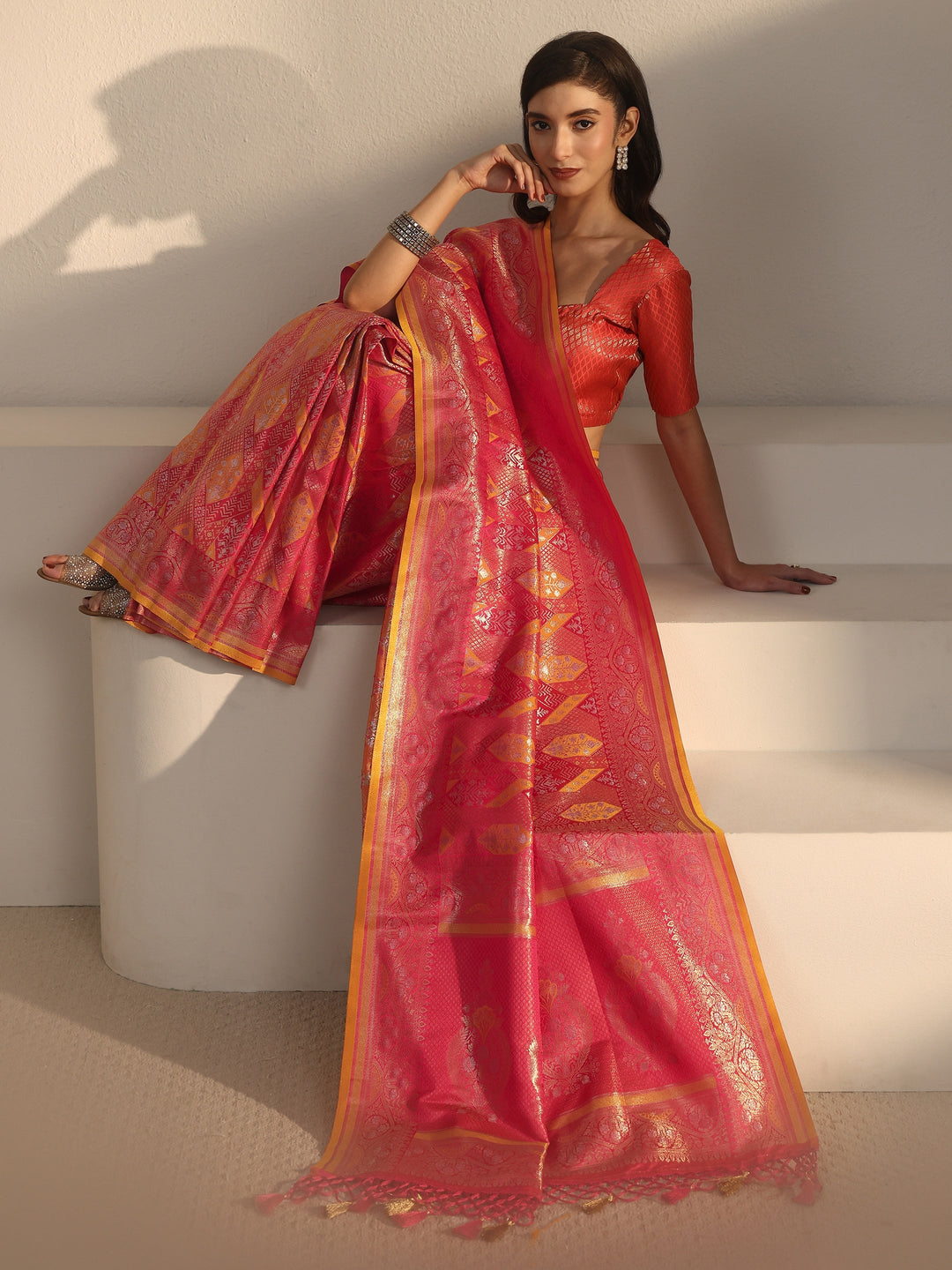  Libas Art Red Ethnic Woven Design Silk Blend Tassel Saree 