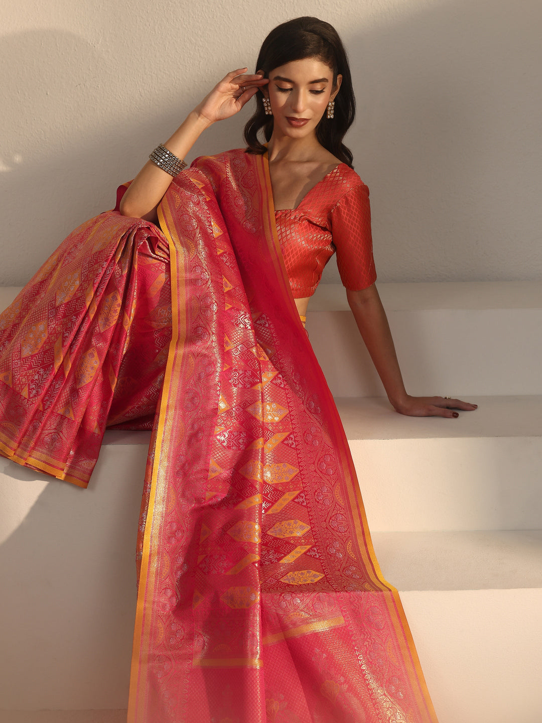  Libas Art Red Ethnic Woven Design Silk Blend Tassel Saree 