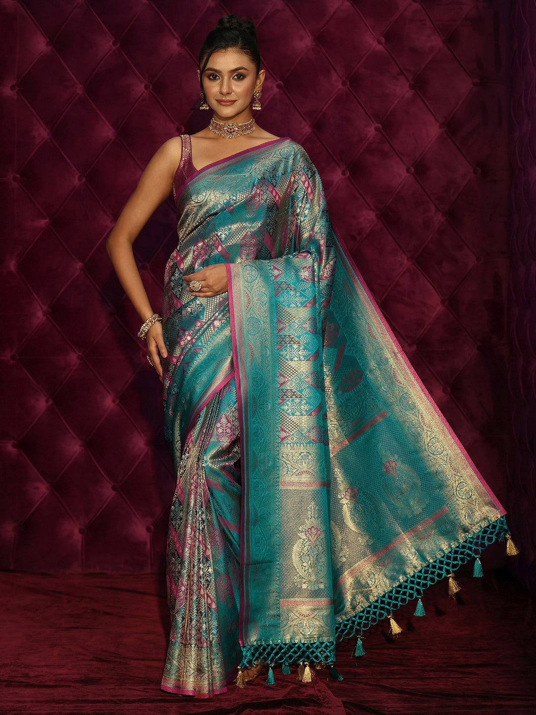  Libas Art Teal Green Woven Design Silk Blend Saree 