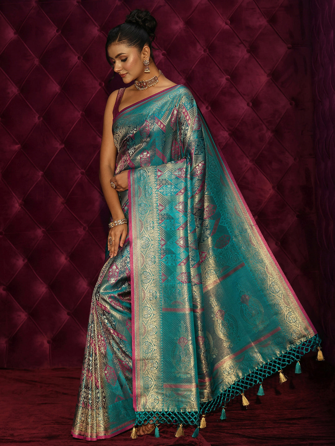  Libas Art Teal Green Woven Design Silk Blend Saree 