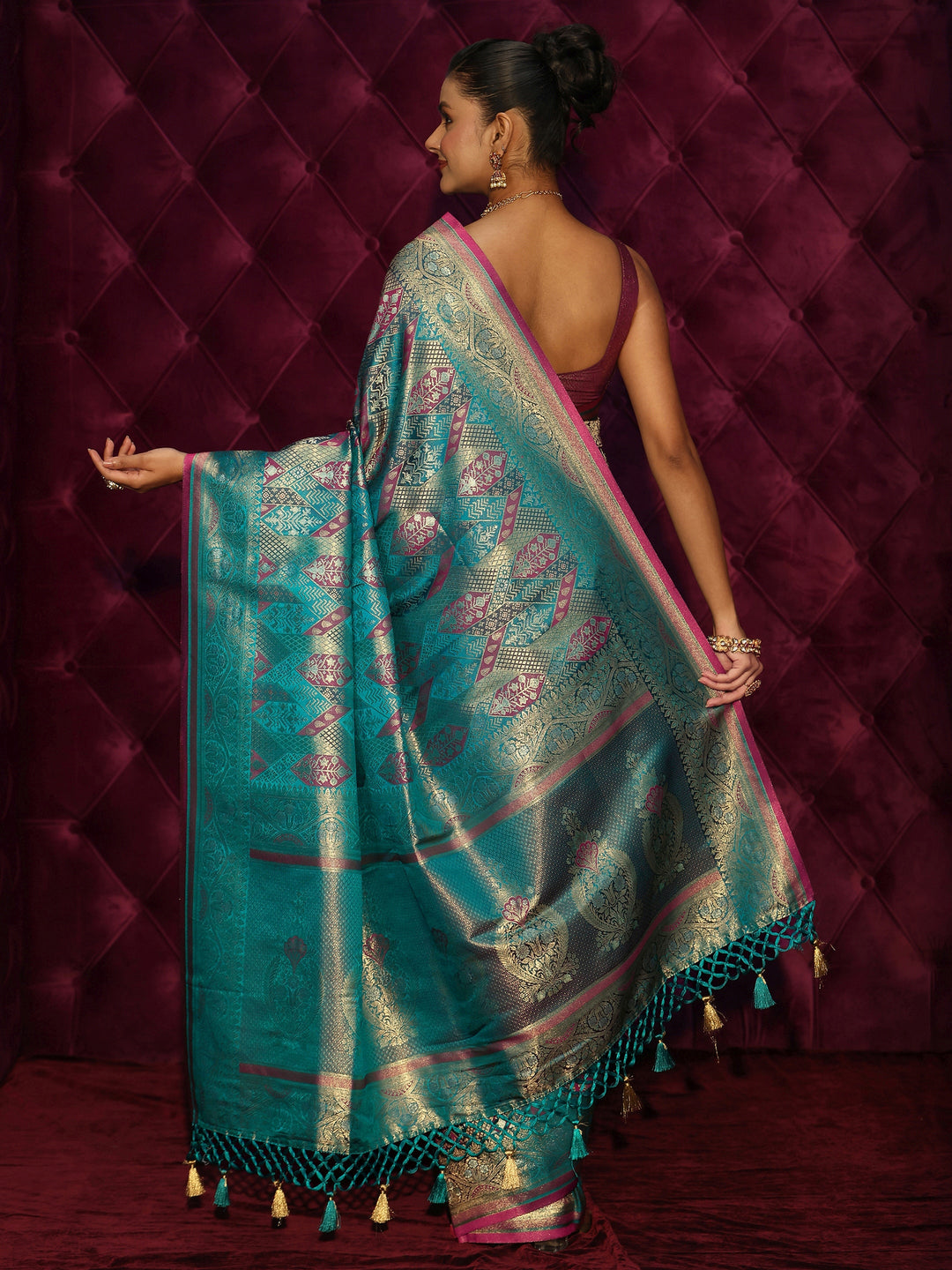  Libas Art Teal Green Woven Design Silk Blend Saree 