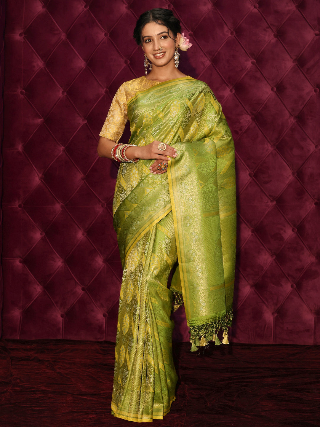  Libas Art Lime Green Ethnic Woven Design Silk Blend Tassel Saree 