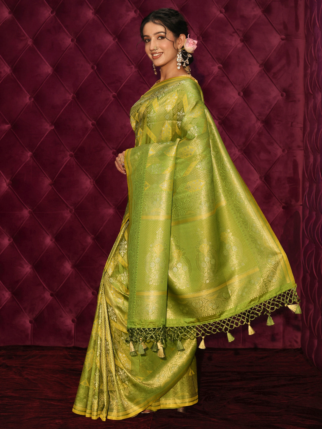  Libas Art Lime Green Ethnic Woven Design Silk Blend Tassel Saree 