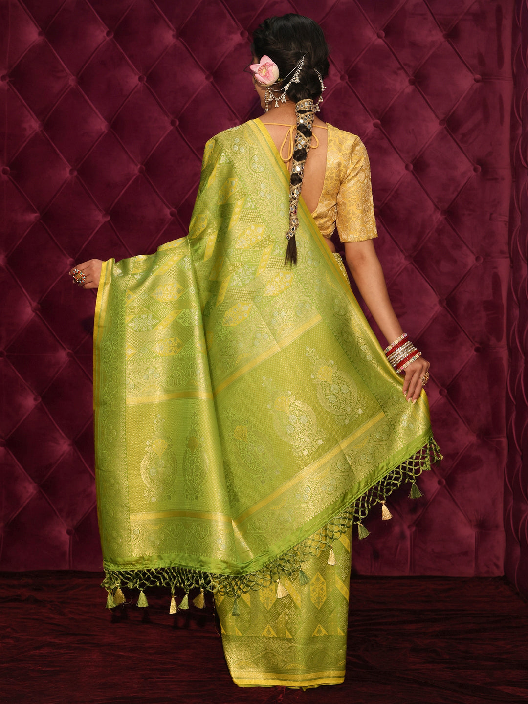  Libas Art Lime Green Ethnic Woven Design Silk Blend Tassel Saree 