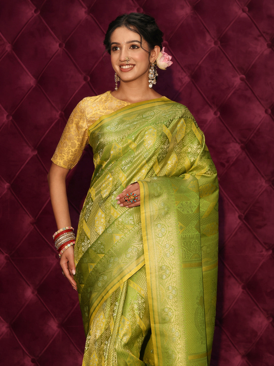  Libas Art Lime Green Ethnic Woven Design Silk Blend Tassel Saree 