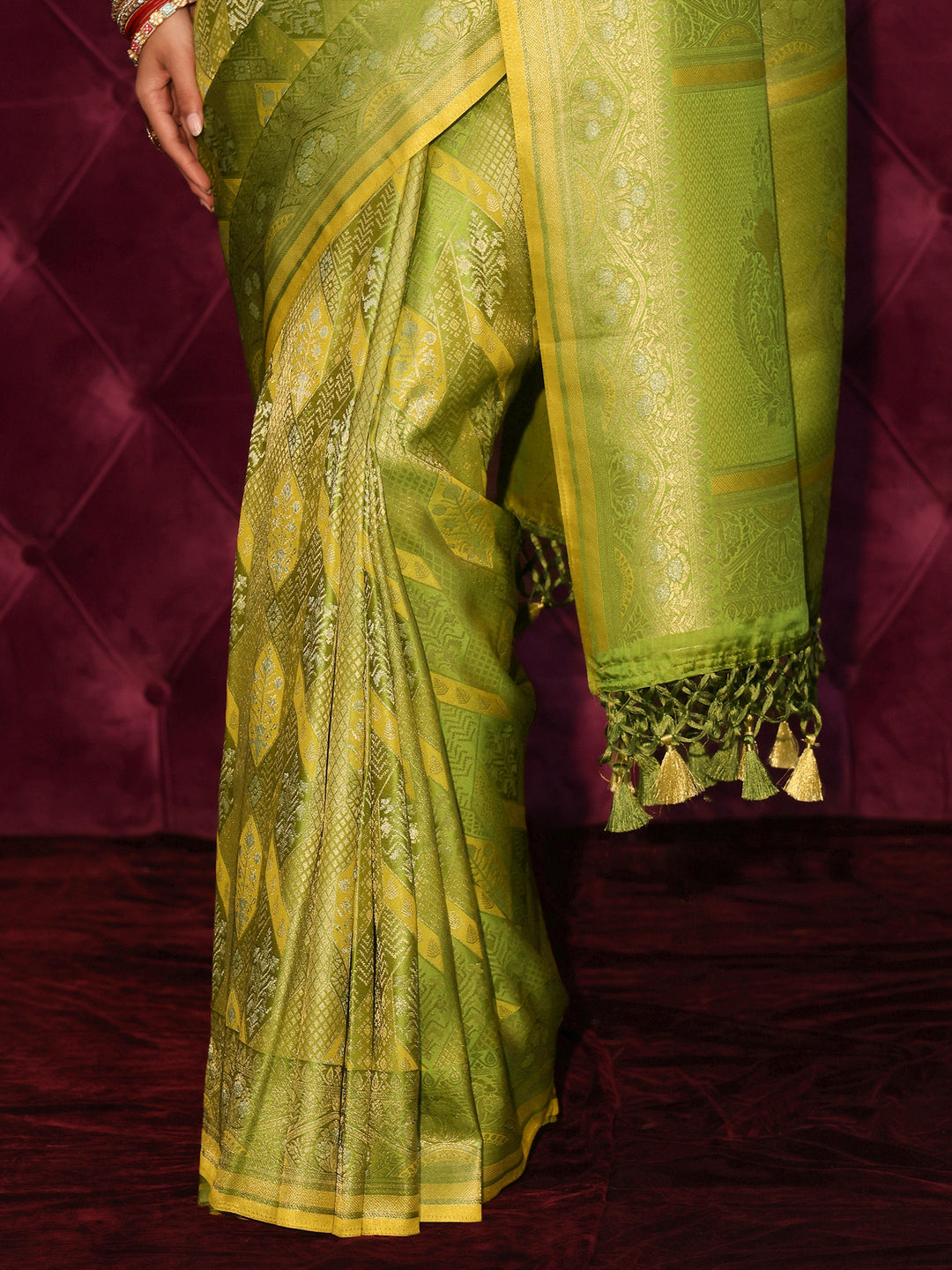  Libas Art Lime Green Ethnic Woven Design Silk Blend Tassel Saree 