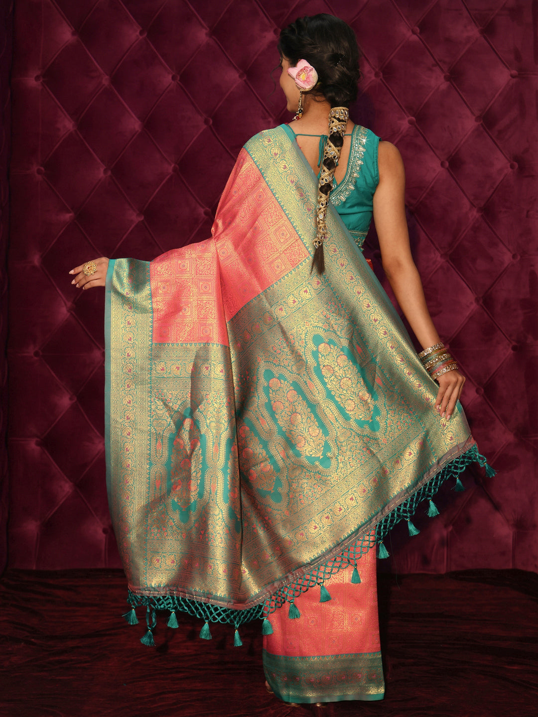  Libas Pink and Teal Banarasi Silk Blend Tassel Saree 