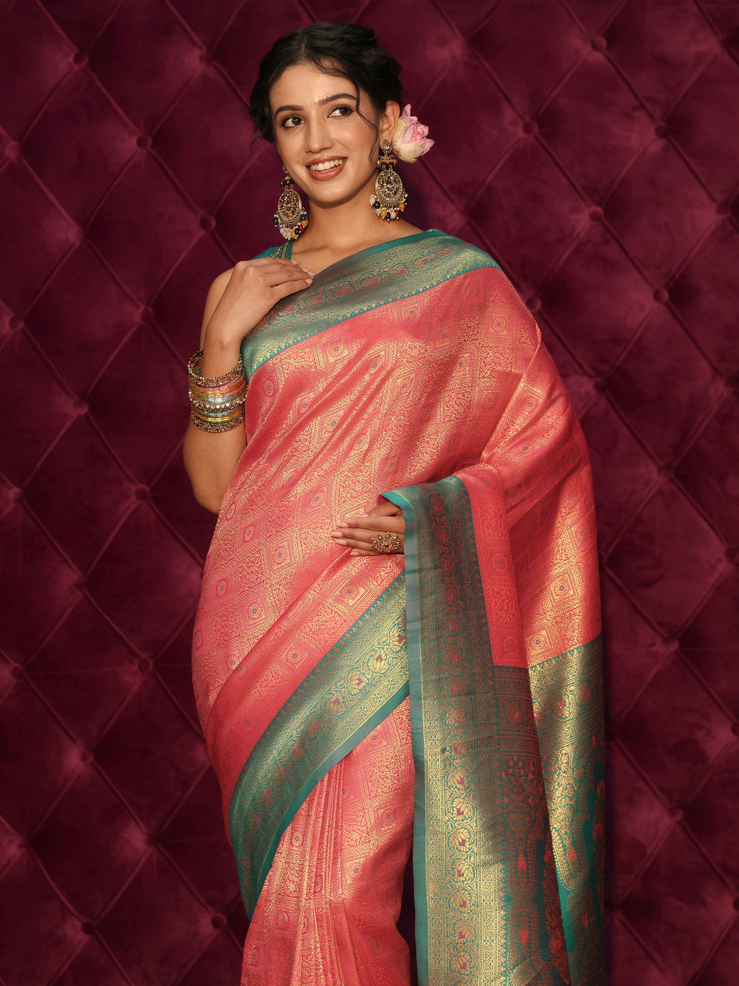  Libas Pink and Teal Banarasi Silk Blend Tassel Saree 
