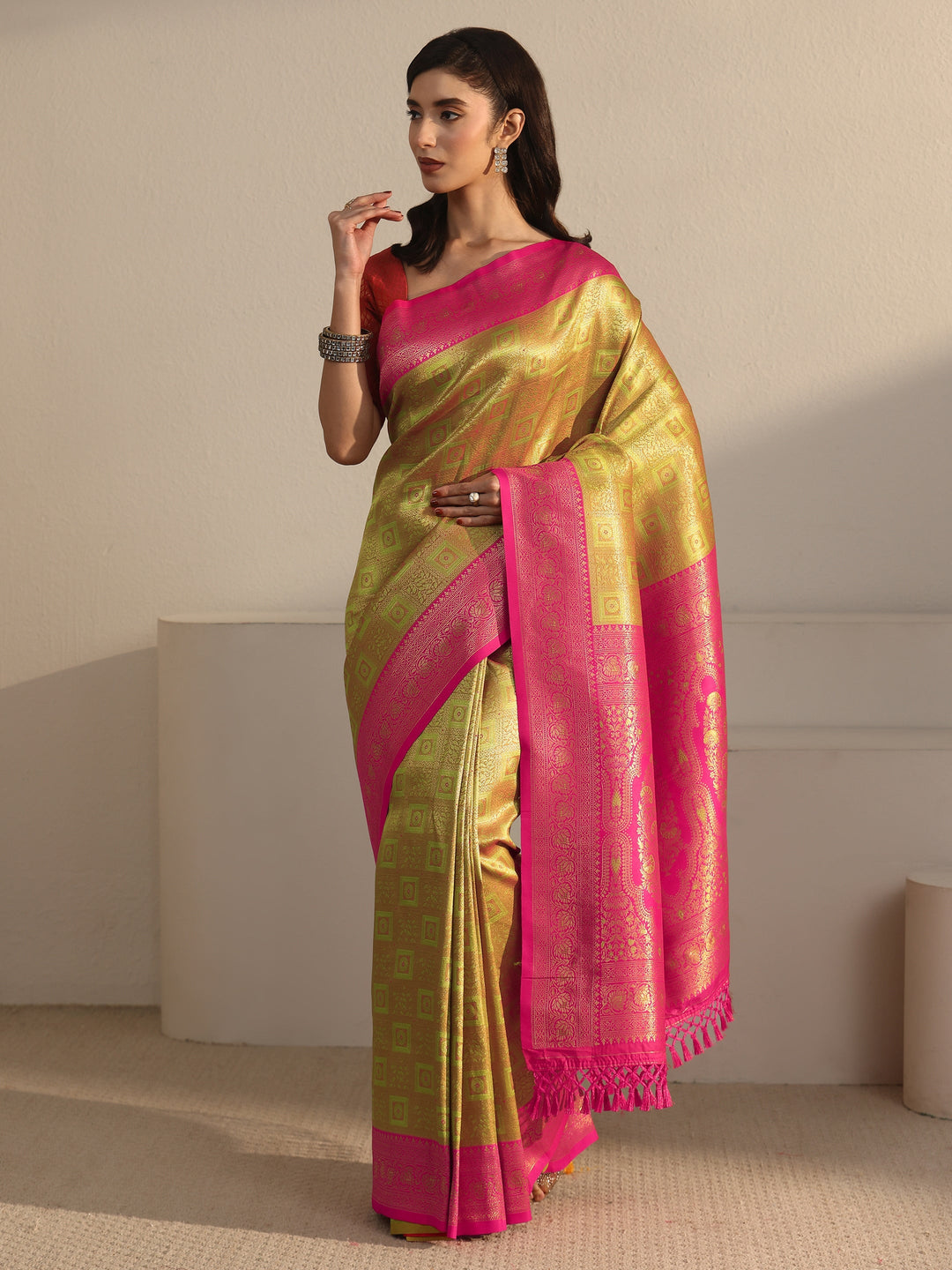  Libas Green and Pink Ethnic Woven Design Silk Blend Tassel Saree 