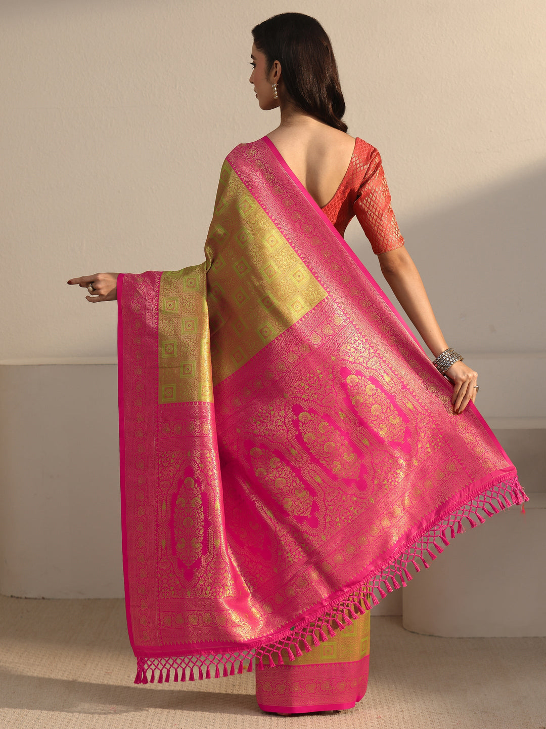  Libas Green and Pink Ethnic Woven Design Silk Blend Tassel Saree 