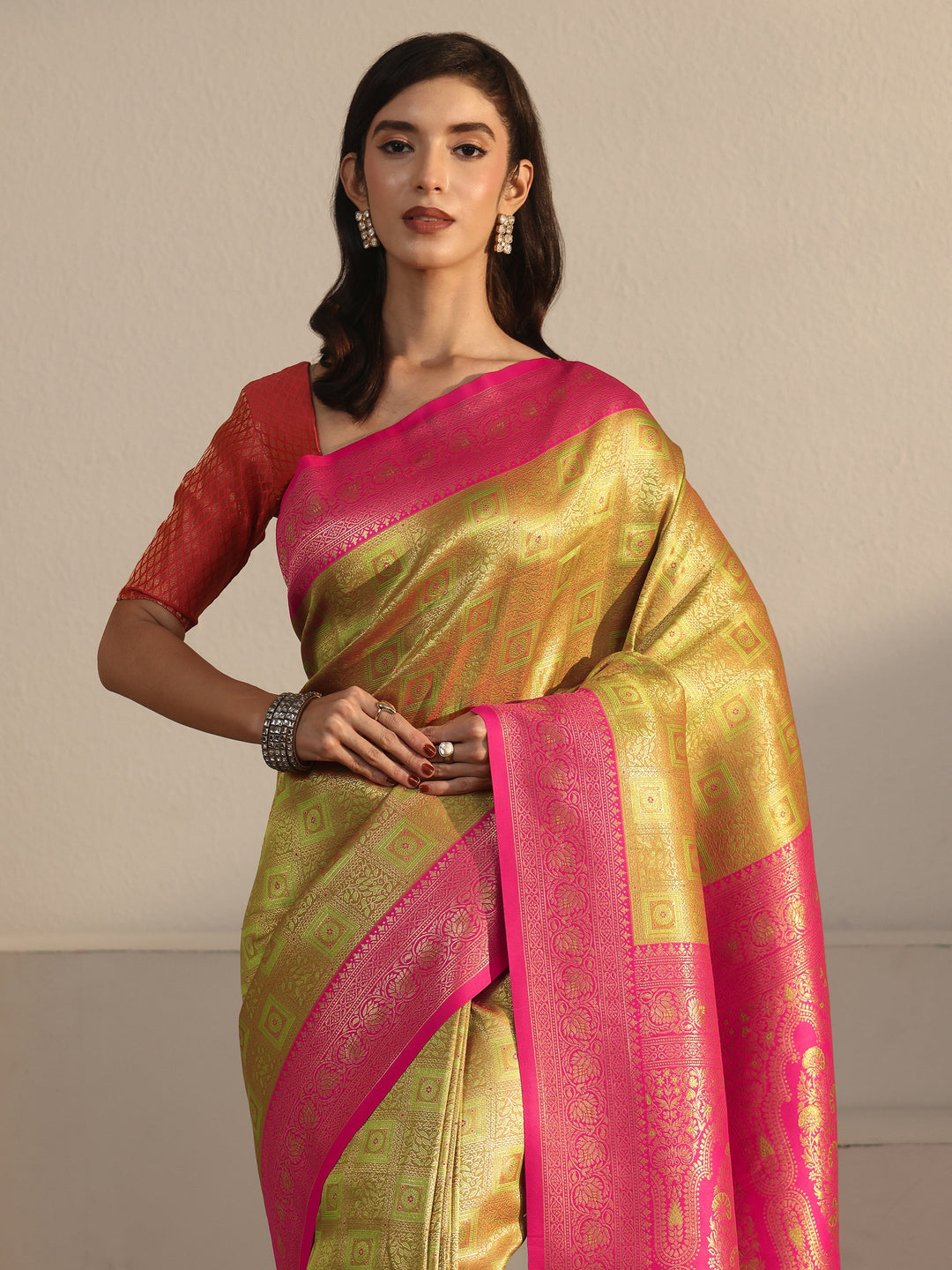  Libas Green and Pink Ethnic Woven Design Silk Blend Tassel Saree 