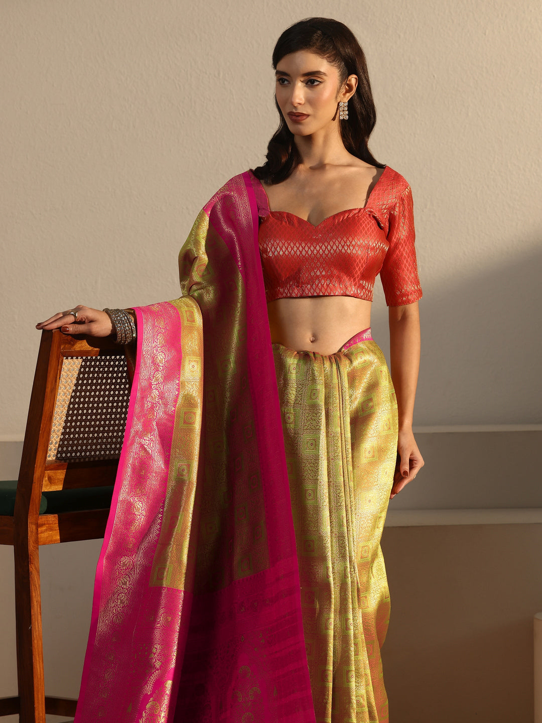  Libas Green and Pink Ethnic Woven Design Silk Blend Tassel Saree 