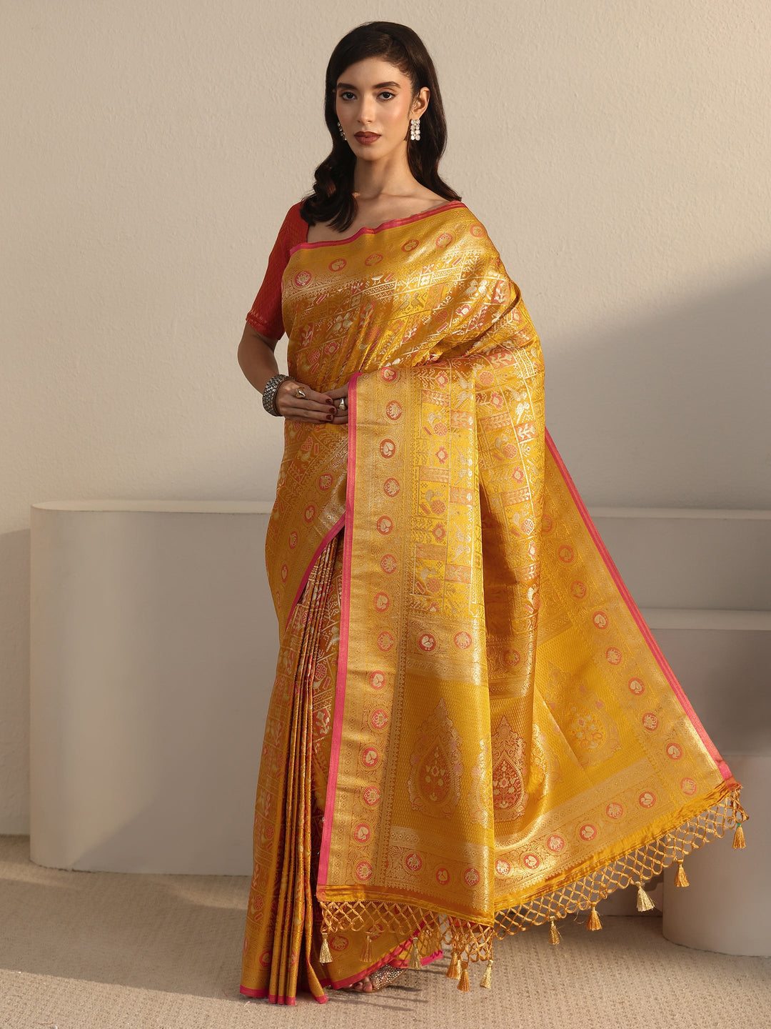  Libas Art Mustard Patola Woven Design Silk Blend Tassel Saree 