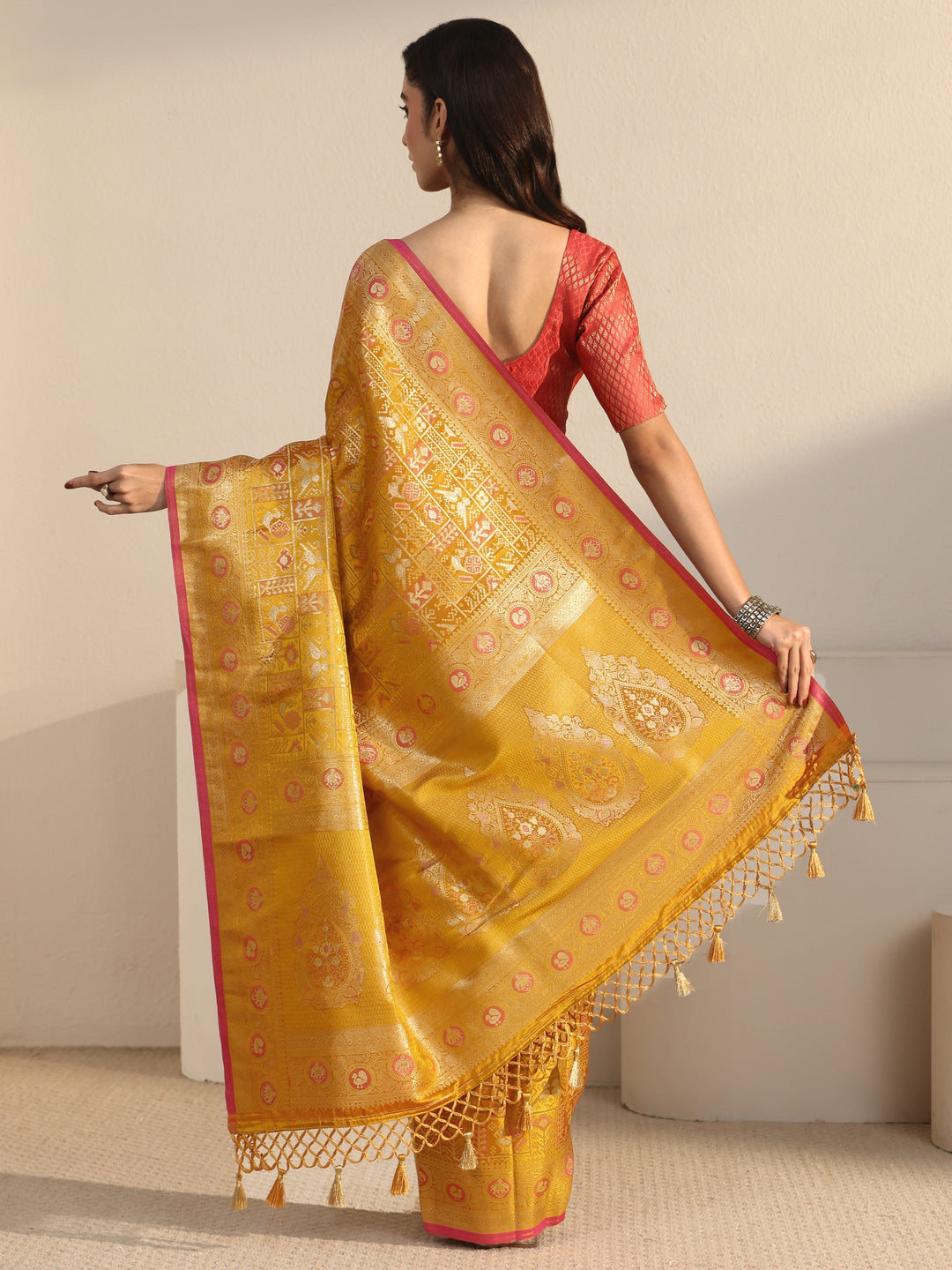  Libas Art Mustard Patola Woven Design Silk Blend Tassel Saree 